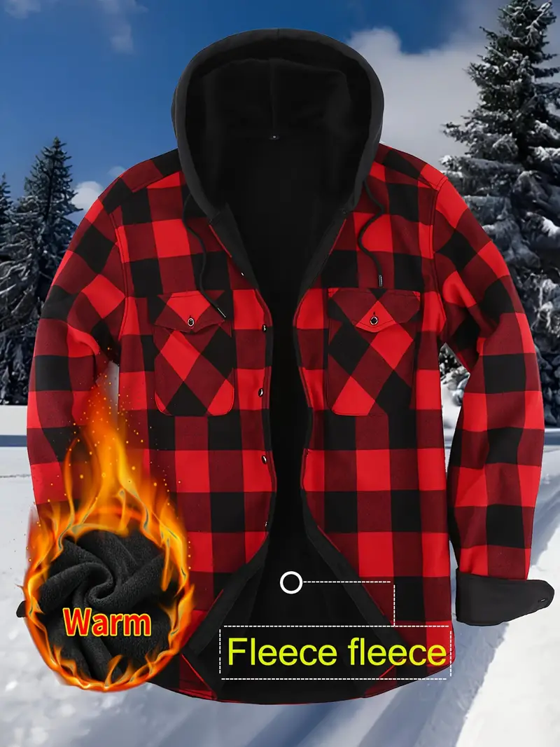 Men's Plaid Hooded Jacket - Warm