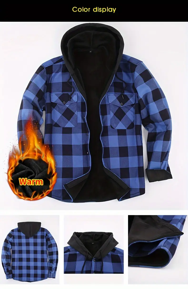 Men's Plaid Hooded Jacket - Warm